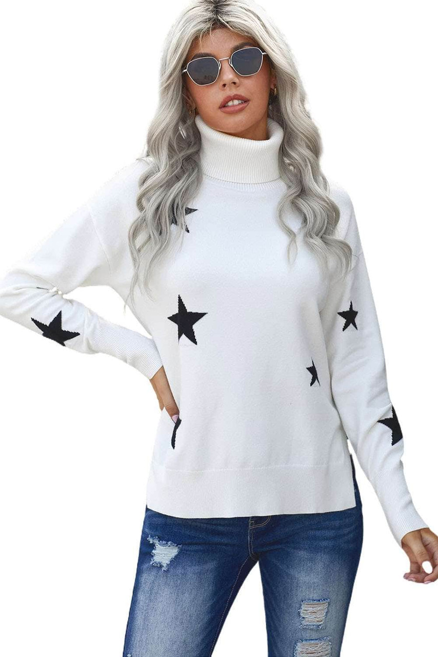 White Turtleneck Dropped Sleeve Star Print Sweater