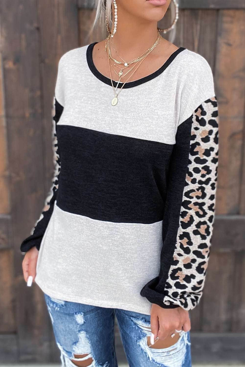 Leopard Print Colorblock Long Sleeve Top