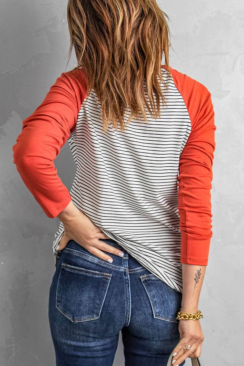 Raglan Sleeve Splicing Striped Top with Pocket