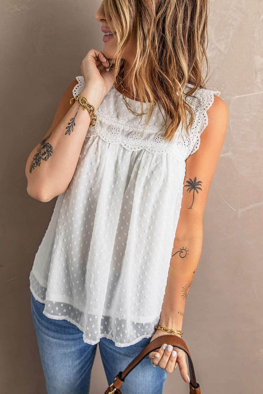 White Crochet Polka Dot Tank