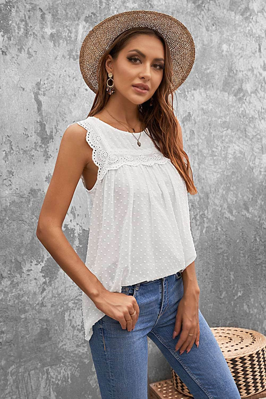 White Crochet Polka Dot Tank