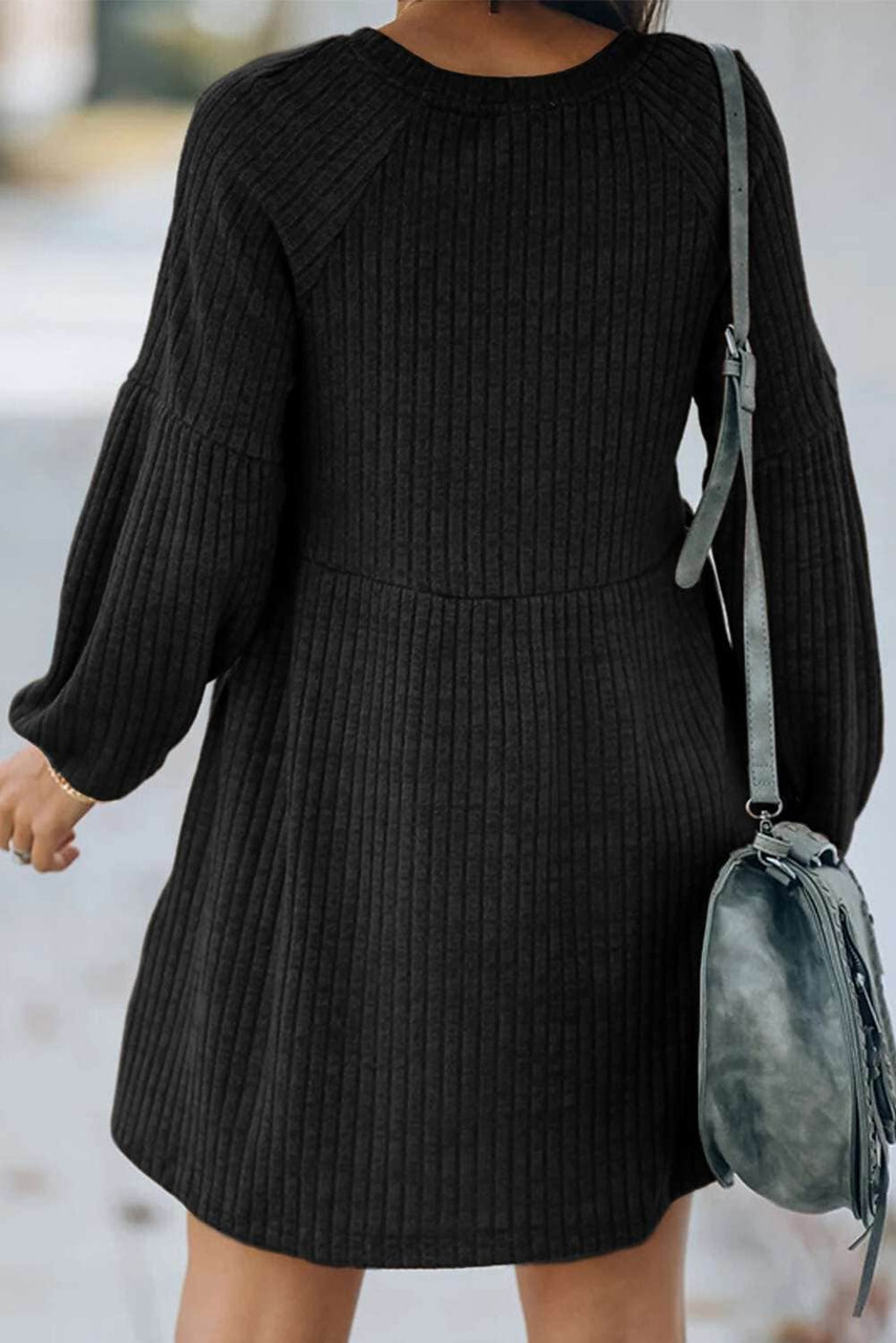 Black Round Neck Empire Waist Ribbed Knit Dress