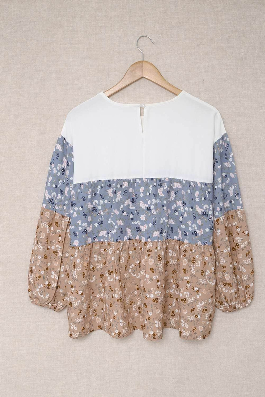 Floral Splicing Puff Long Sleeve Tunic Top