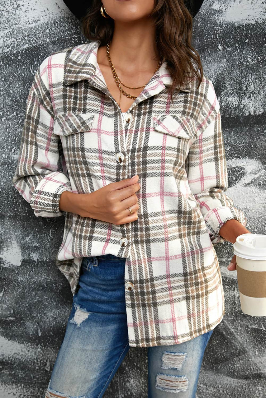 Buttoned Turn Down Collar Plaid Shacket Buttoned Turn Down Collar Plaid Shacket