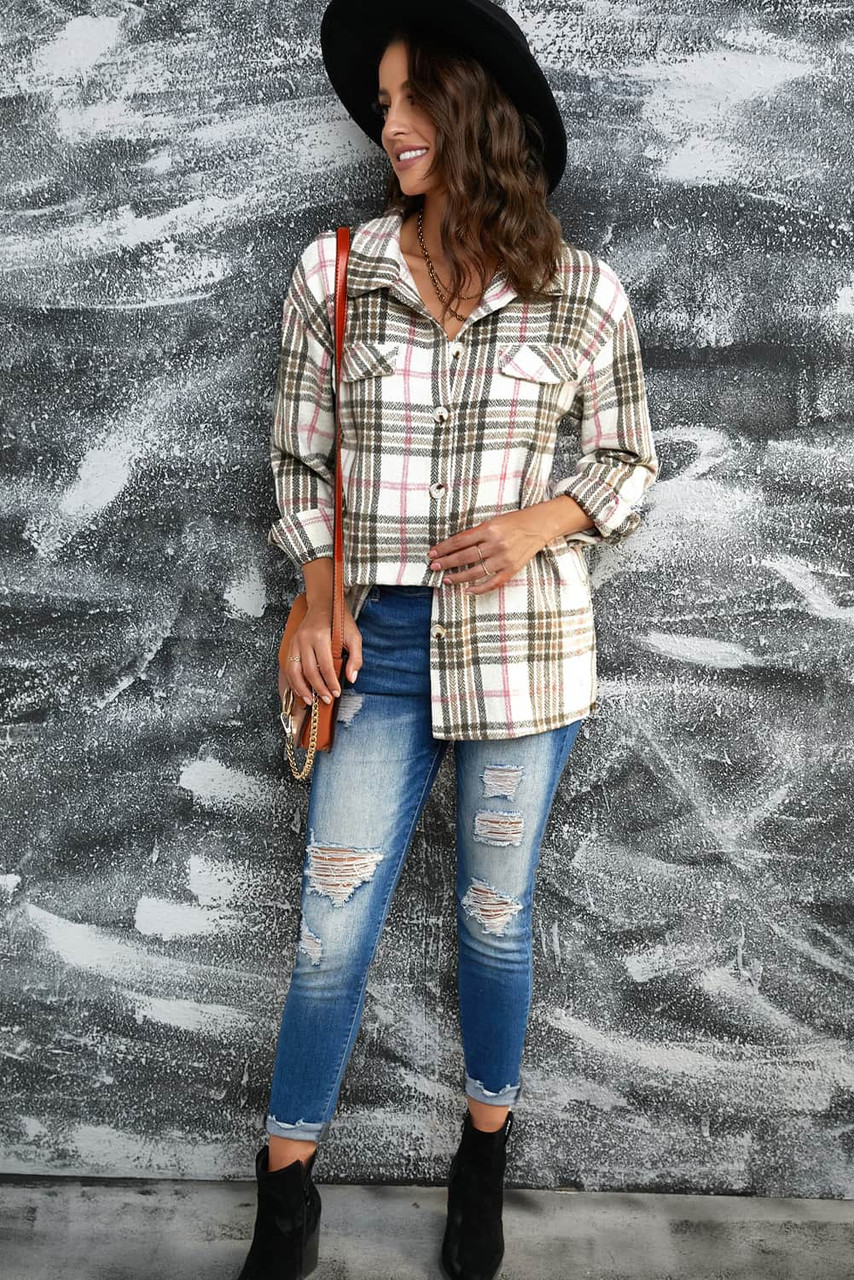 Buttoned Turn Down Collar Plaid Shacket Buttoned Turn Down Collar Plaid Shacket