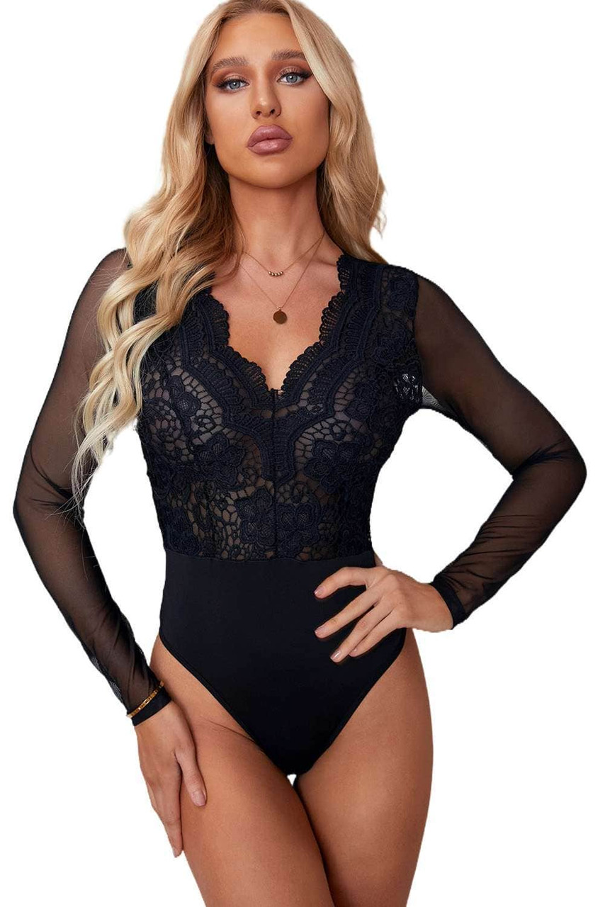 Mesh Long Sleeve Deep V-neck Bodysuit-id.cc57277d-12.BT3723.