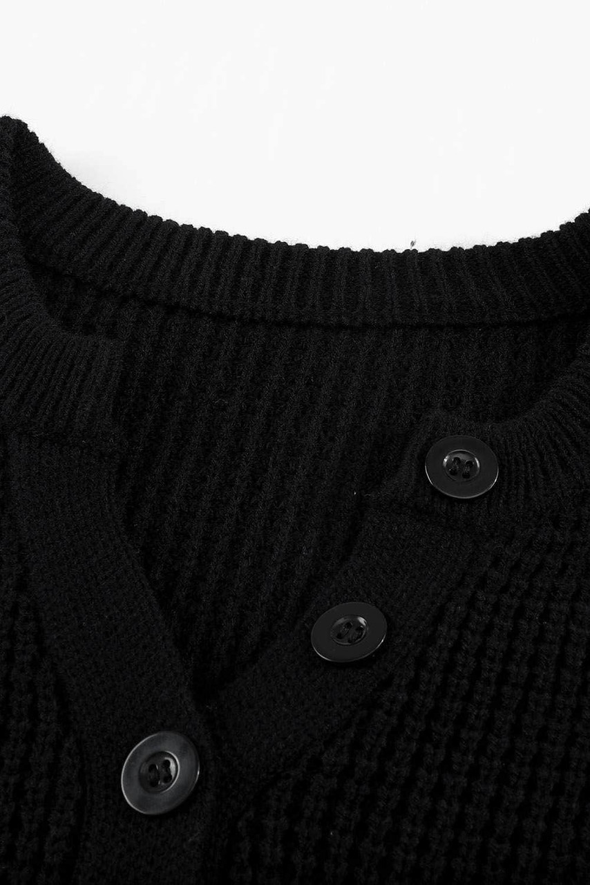 Black Buttoned Notched Neck Drop Shoulder Waffle Knit Sweater Dress