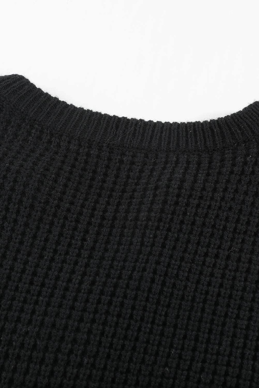 Black Buttoned Notched Neck Drop Shoulder Waffle Knit Sweater Dress
