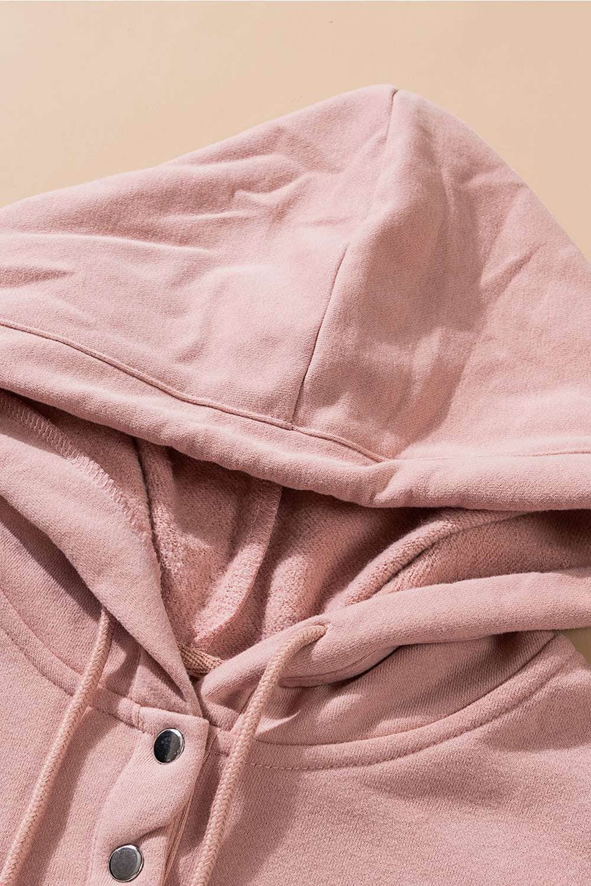 Pink Snap Button Pullover Hoodie with Pocket