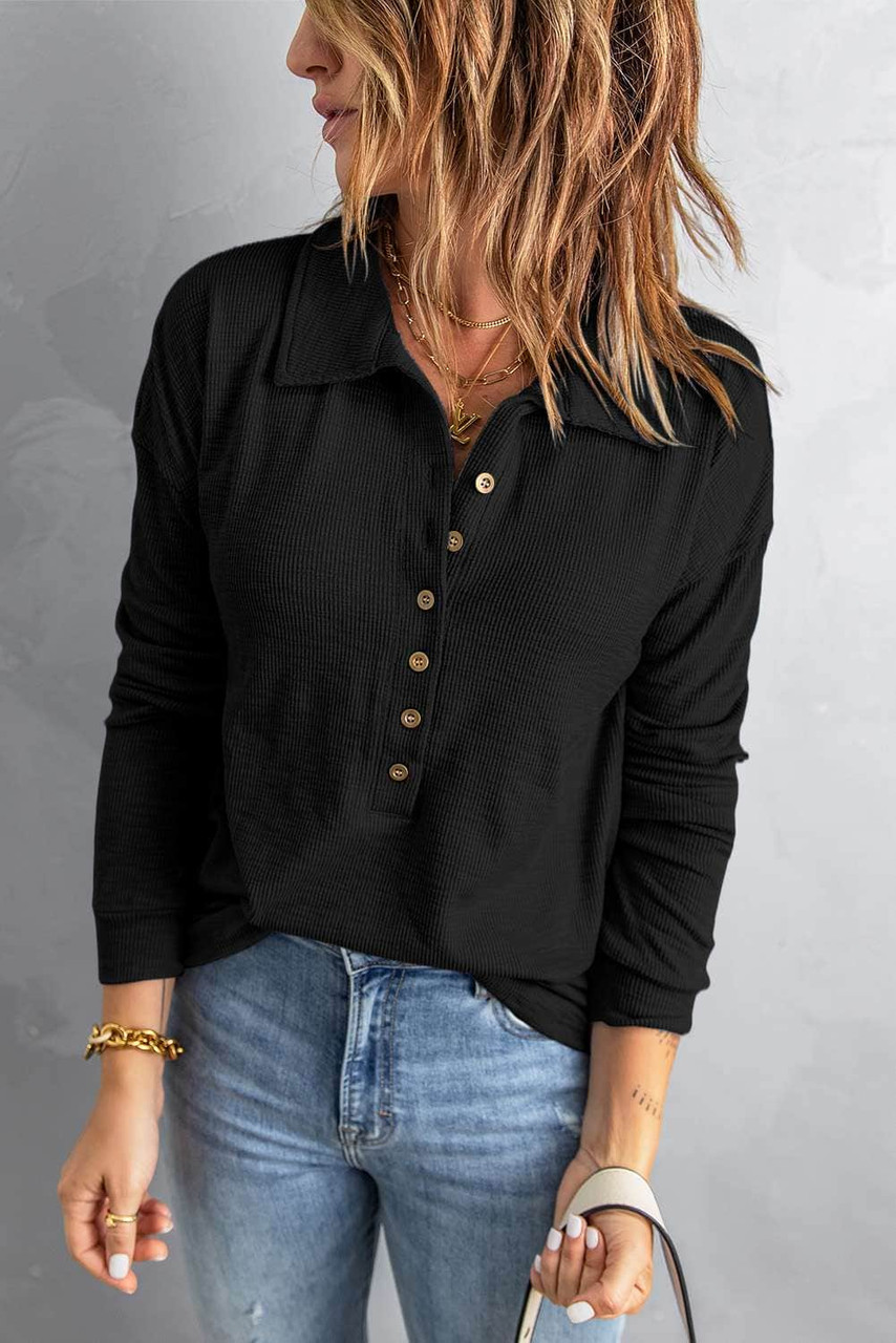 Black Button Front Turn-down Neck Knit Top