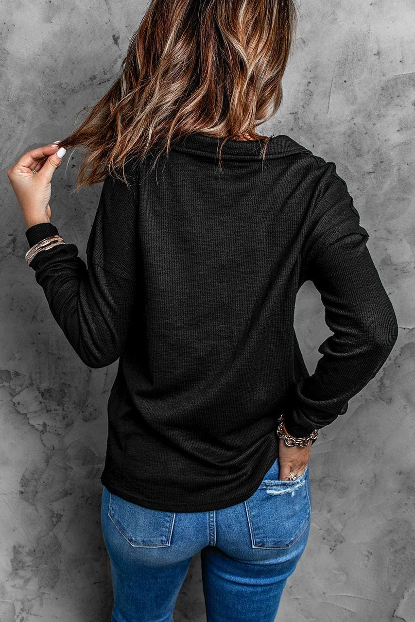 Black Button Front Turn-down Neck Knit Top