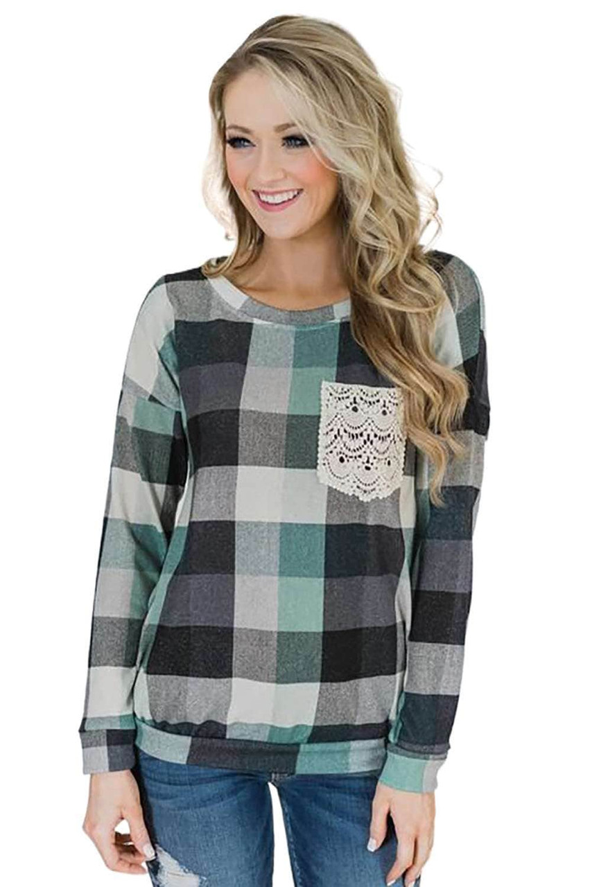 Green Plaid Print Lace Pocket Long Sleeve Top