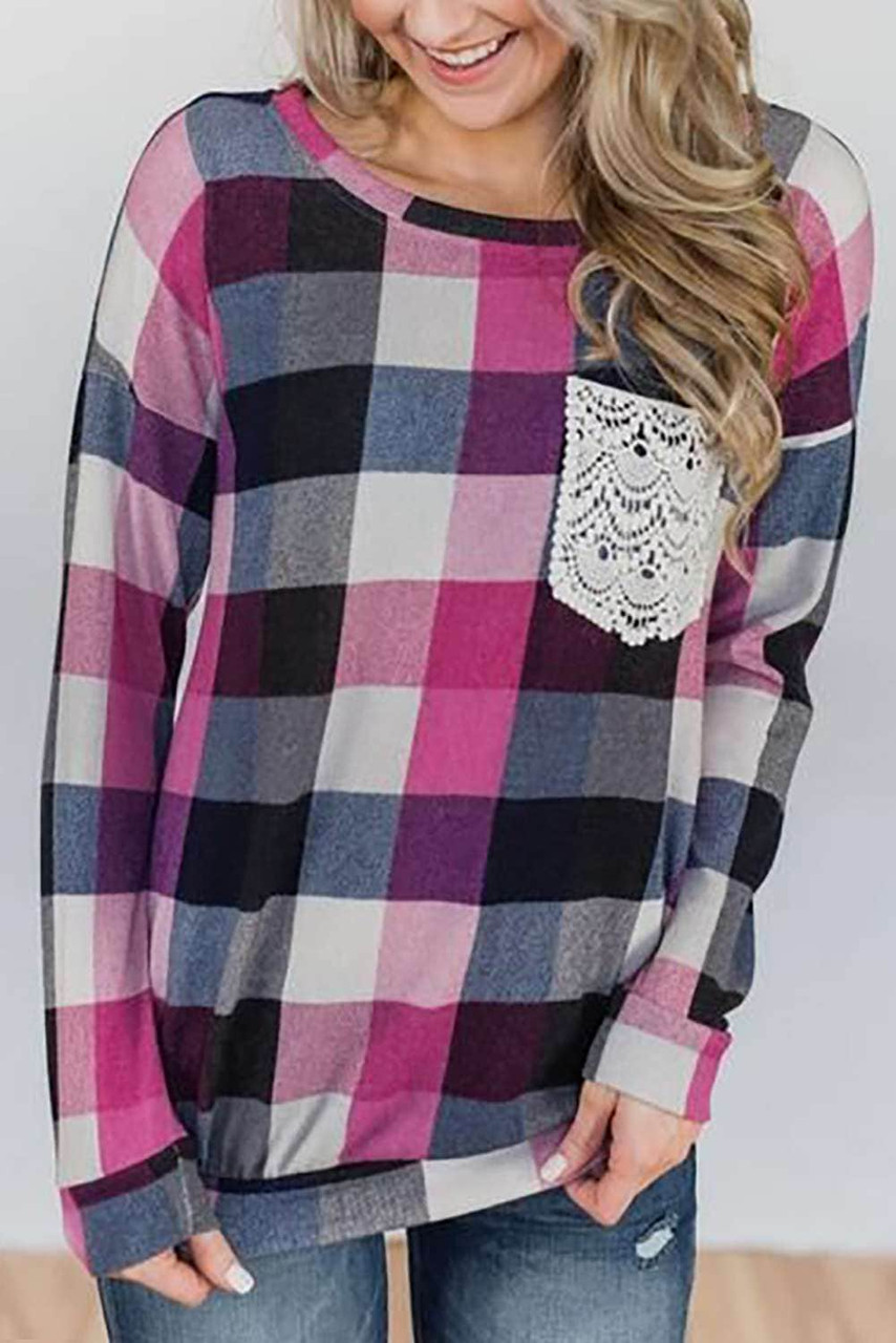 Plaid Print Lace Pocket Long Sleeve Top