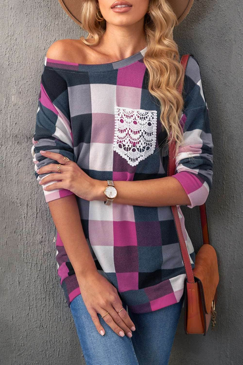 Plaid Print Lace Pocket Long Sleeve Top