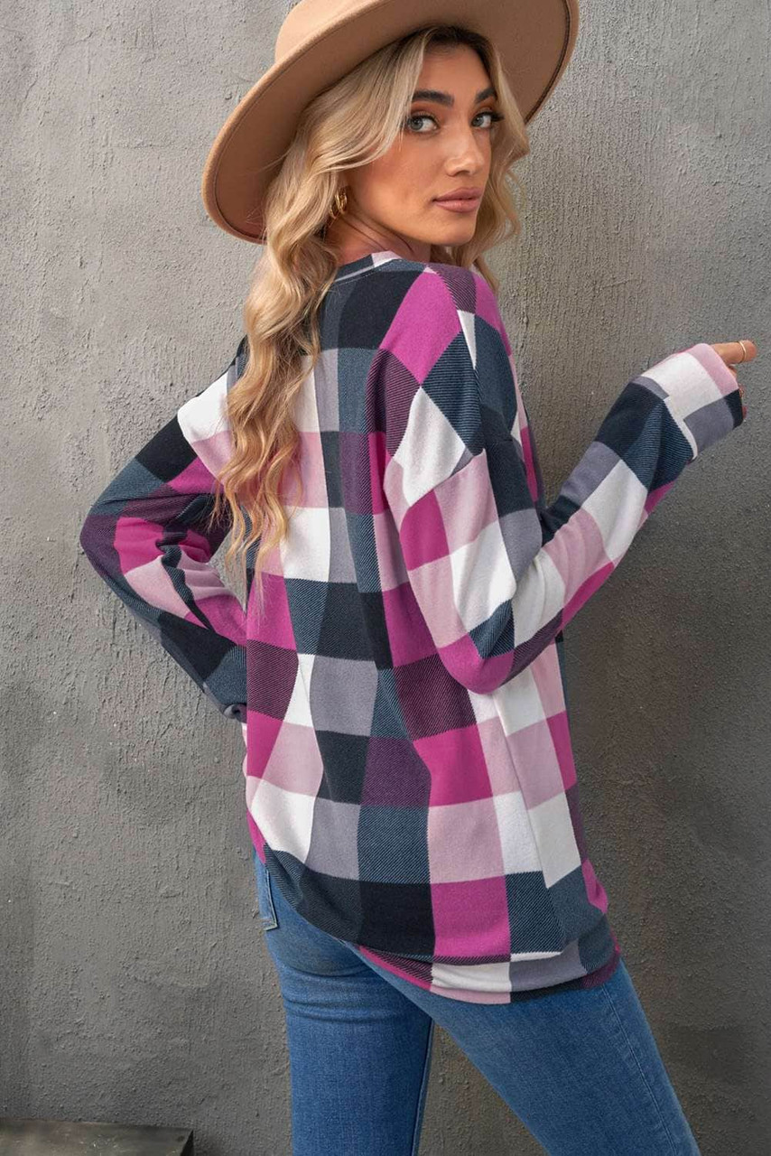 Plaid Print Lace Pocket Long Sleeve Top