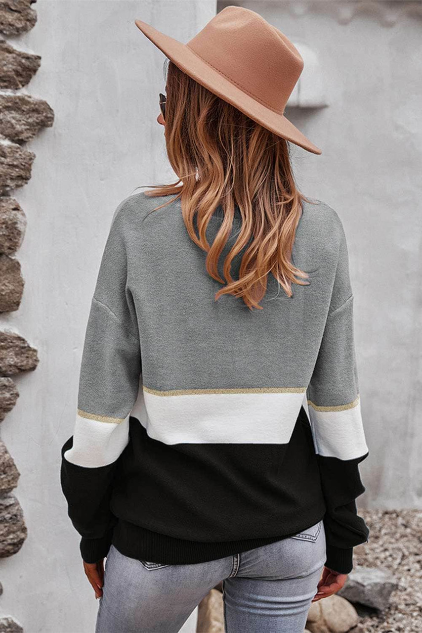 Gray Colorblock V Neck Sweater