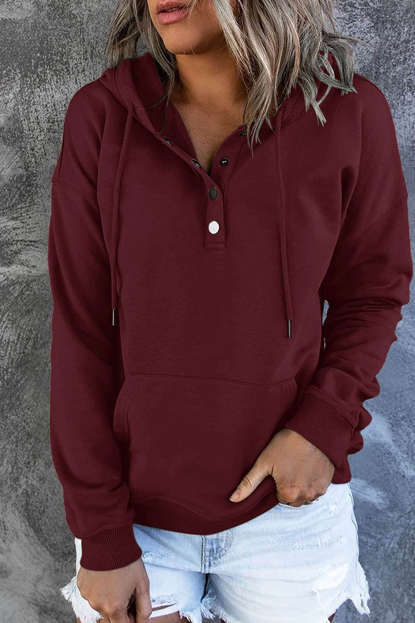 Wine Red Snap Button Pullover Hoodie with Pocket