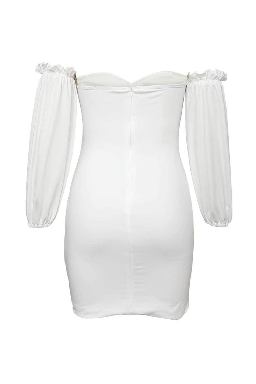 White Off The Shoulder Bubble Sleeve Ruched Bodycon Mini Dress