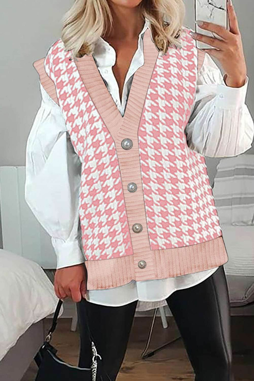 Pink Houndstooth Vest Cardigan