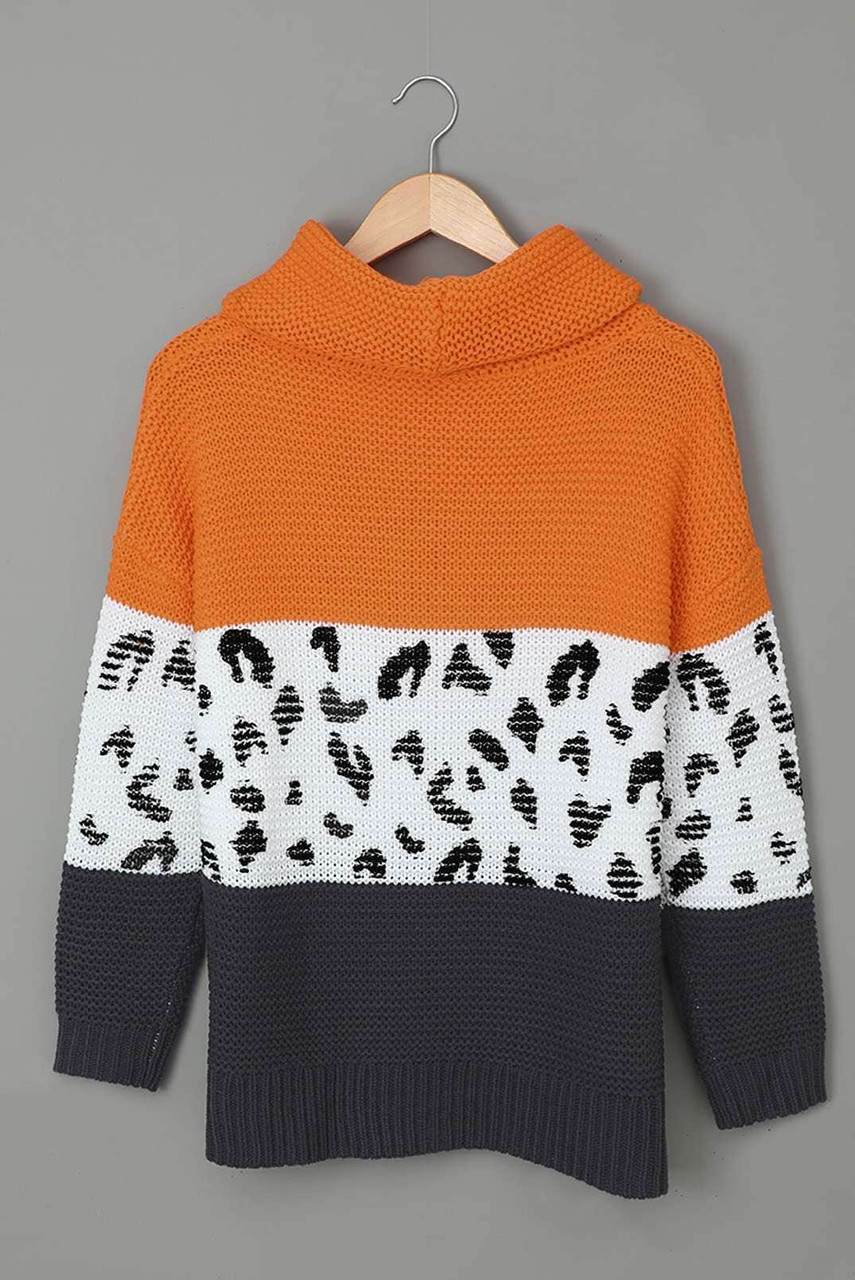 Orange Turtleneck Splicing Chunky Knit Pullover Sweater