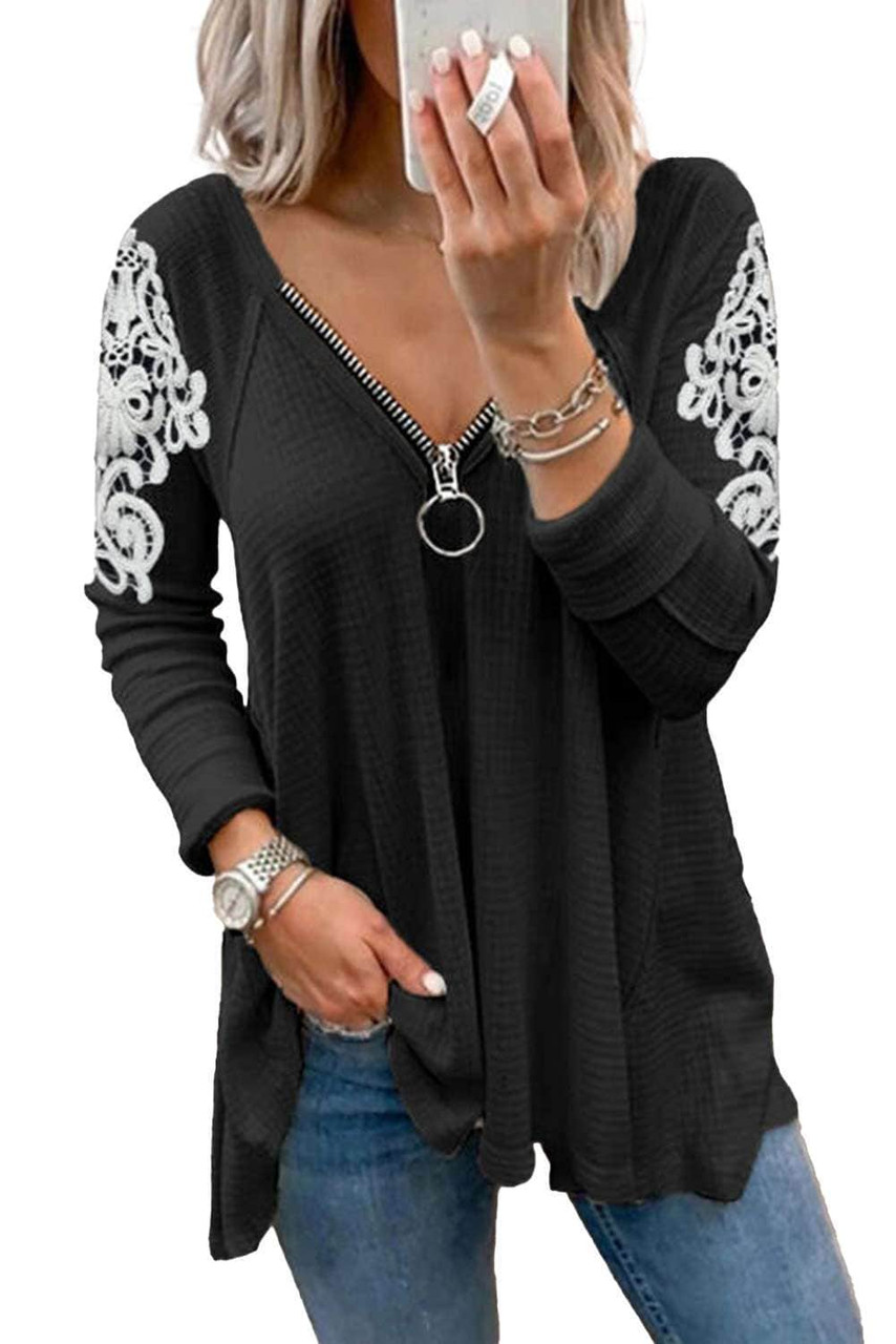 Zip V Neck Lace Patch Long Sleeve Tunic Top