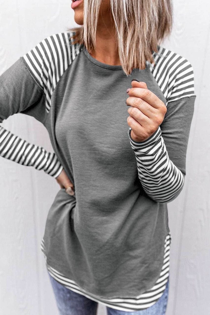 Gray Striped Raglan Long Sleeve Top