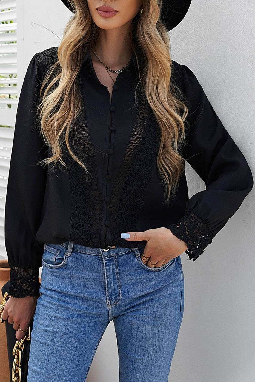 Black Lace Splicing Buttoned Shirt