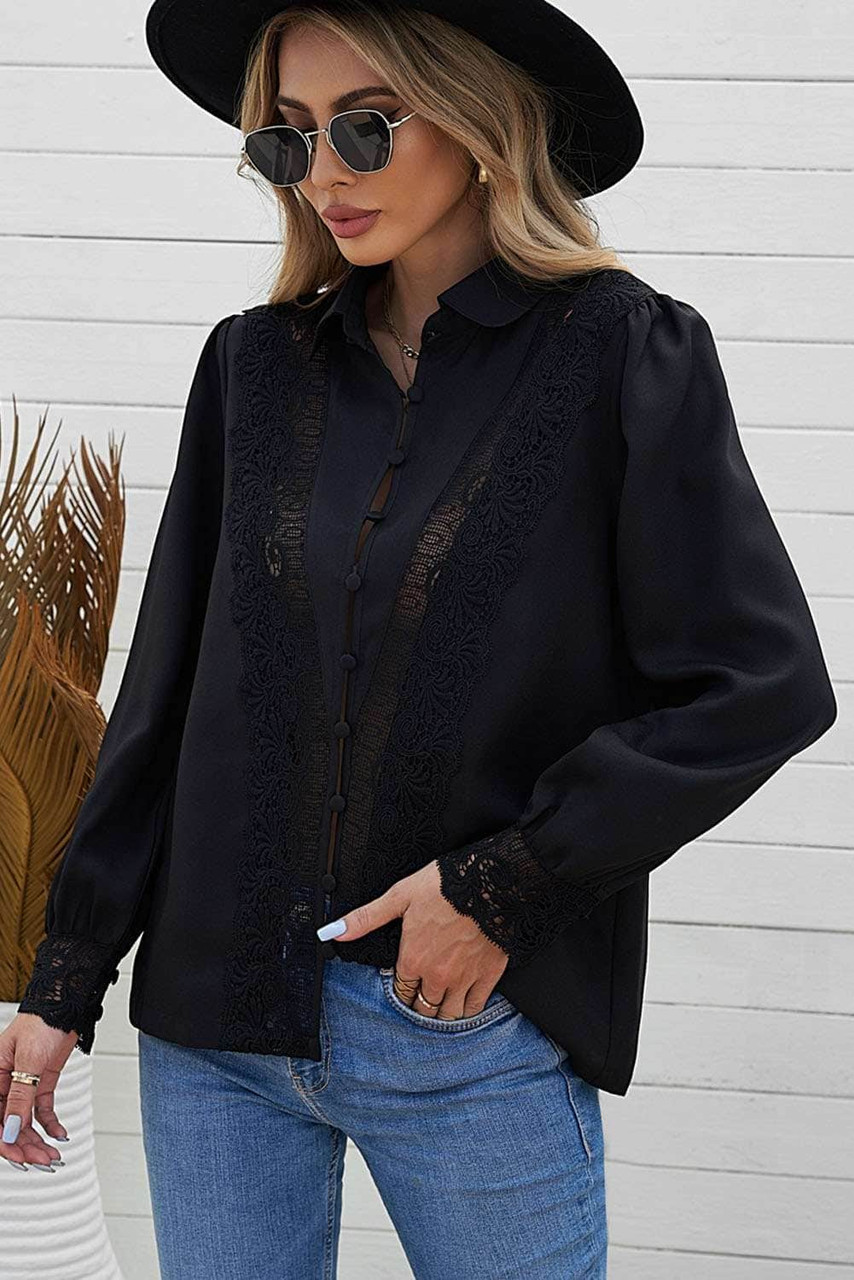 Black Lace Splicing Buttoned Shirt