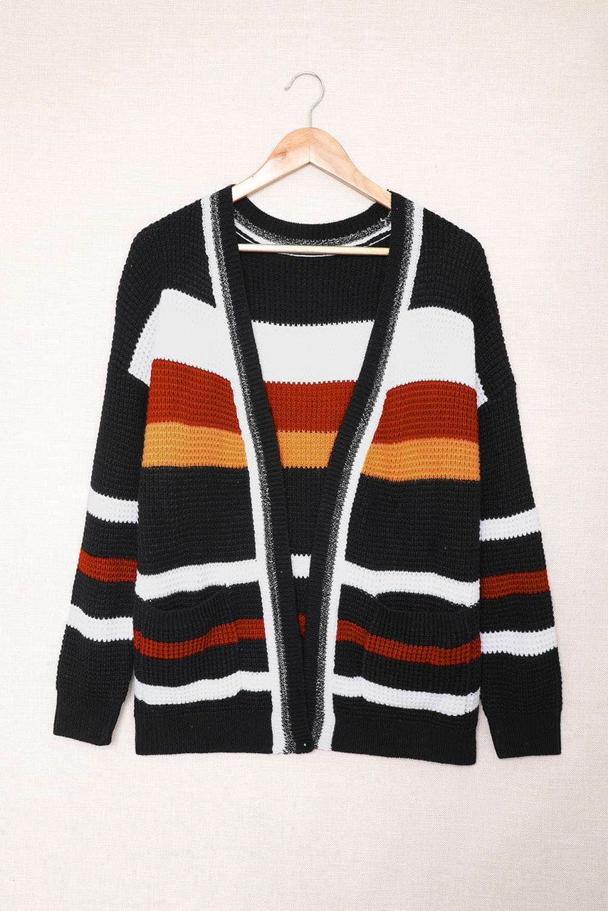 Black Color Block Open Front Pocket Knit Cardigan