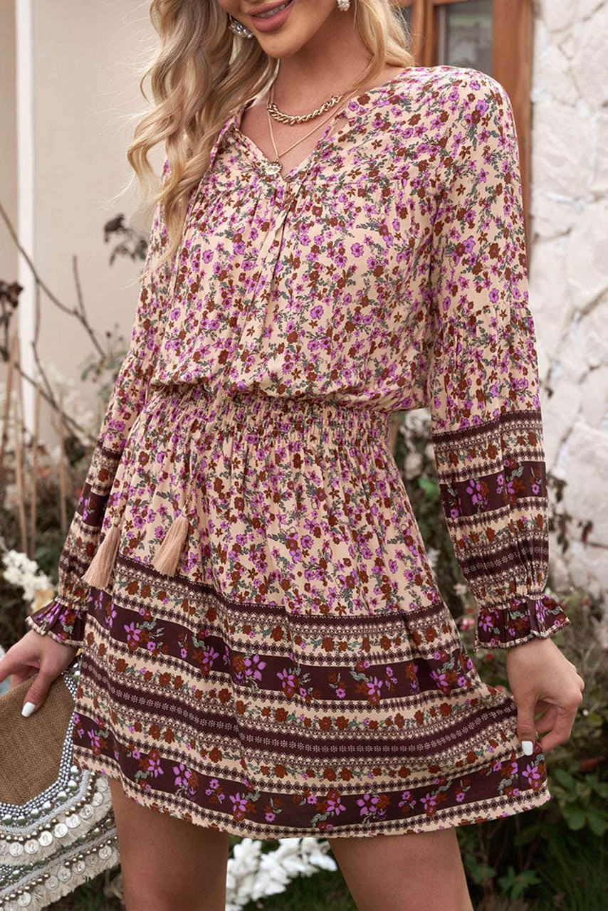 Pink Split V Neck Boho Floral Dress Pink Split V Neck Boho Floral Dress