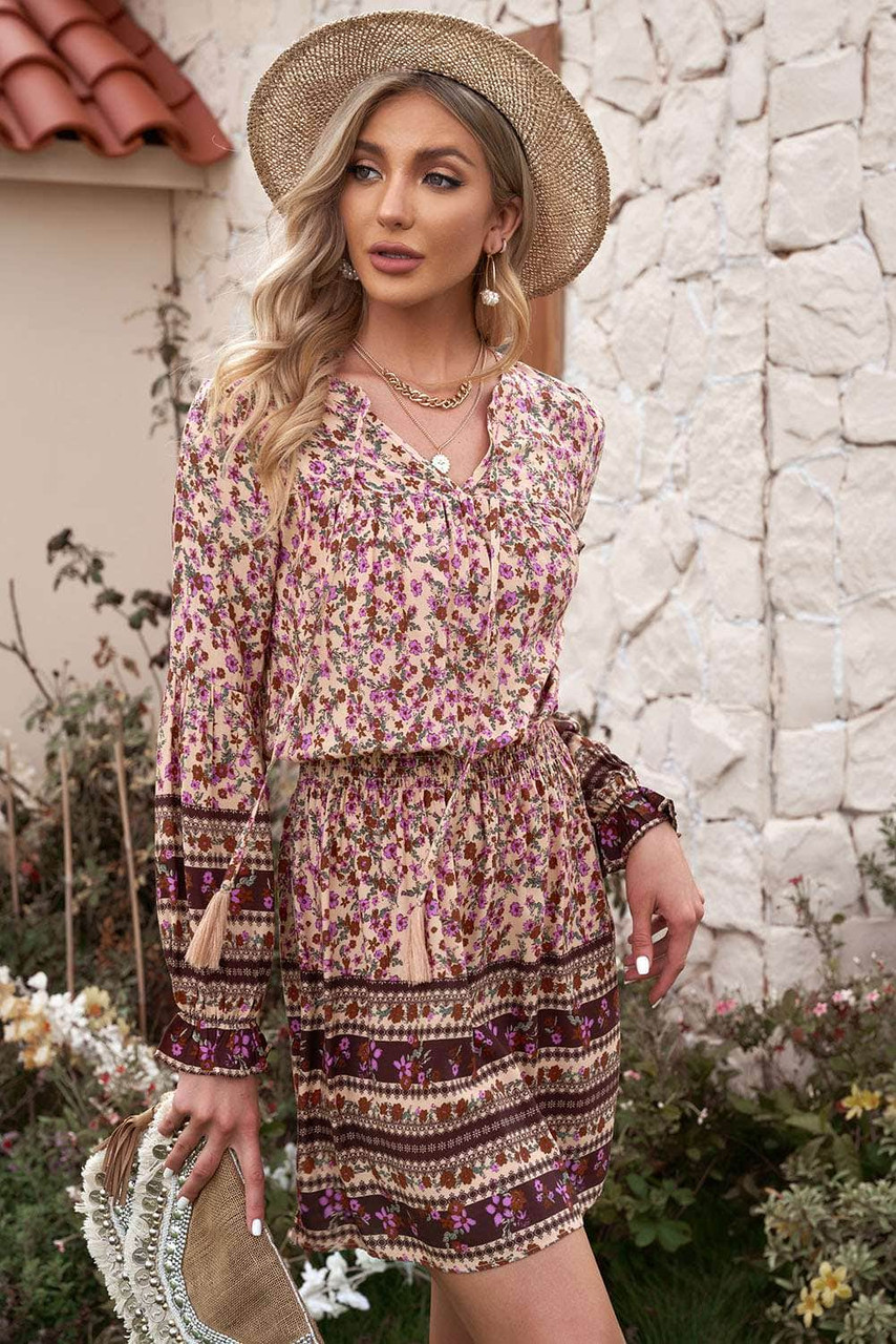 Pink Split V Neck Boho Floral Dress Pink Split V Neck Boho Floral Dress