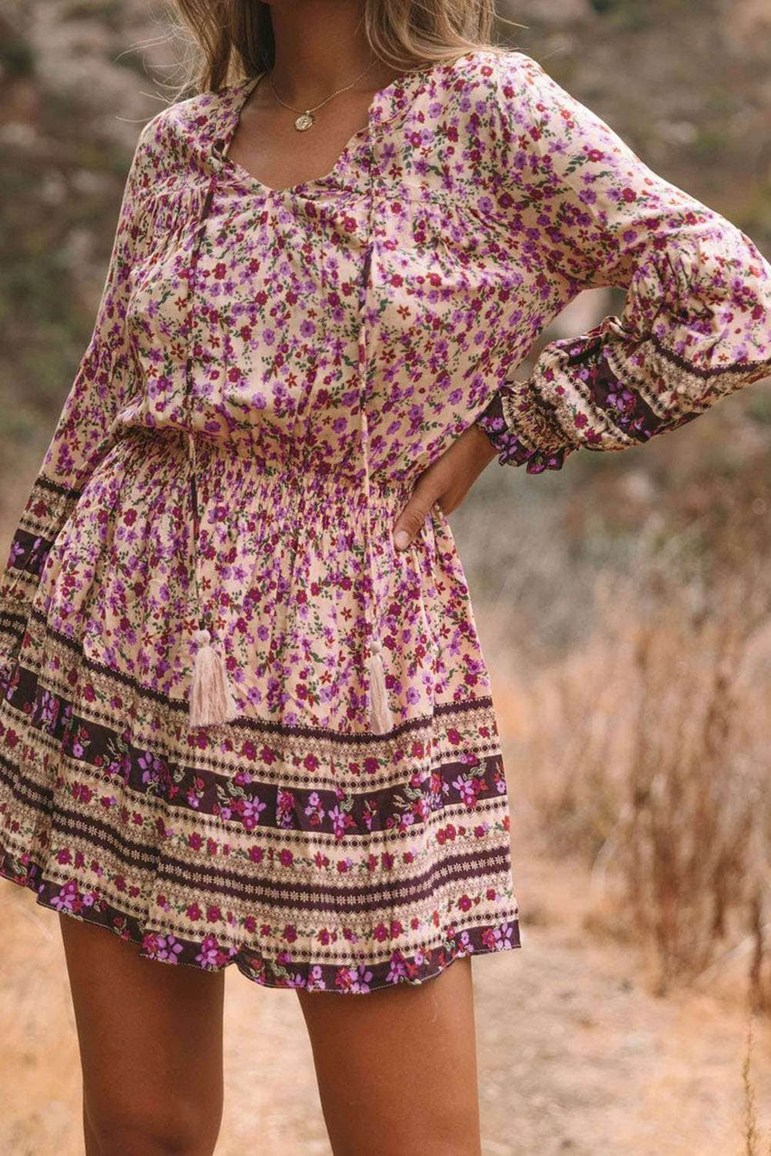 Pink Split V Neck Boho Floral Dress Pink Split V Neck Boho Floral Dress