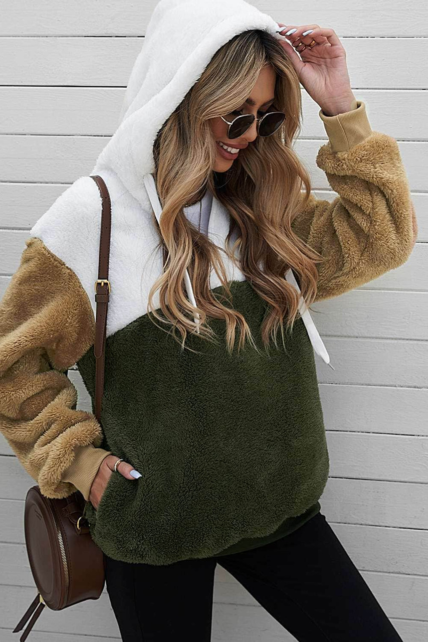 Army Green Colorblock Fluffy Faux Fur Hoodie