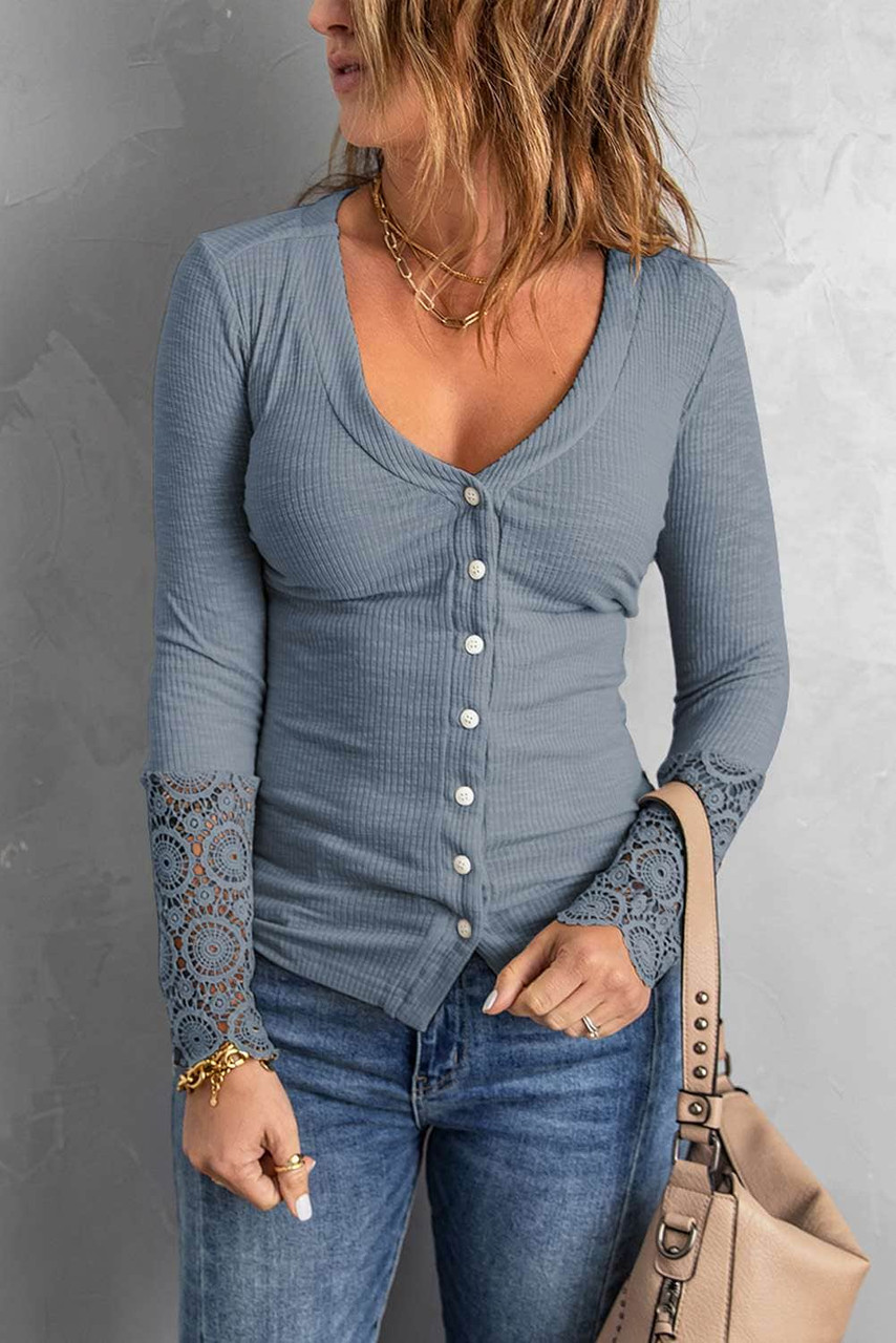 Sky Blue Lace Button Ribbed Slim-fit Long Sleeve Top