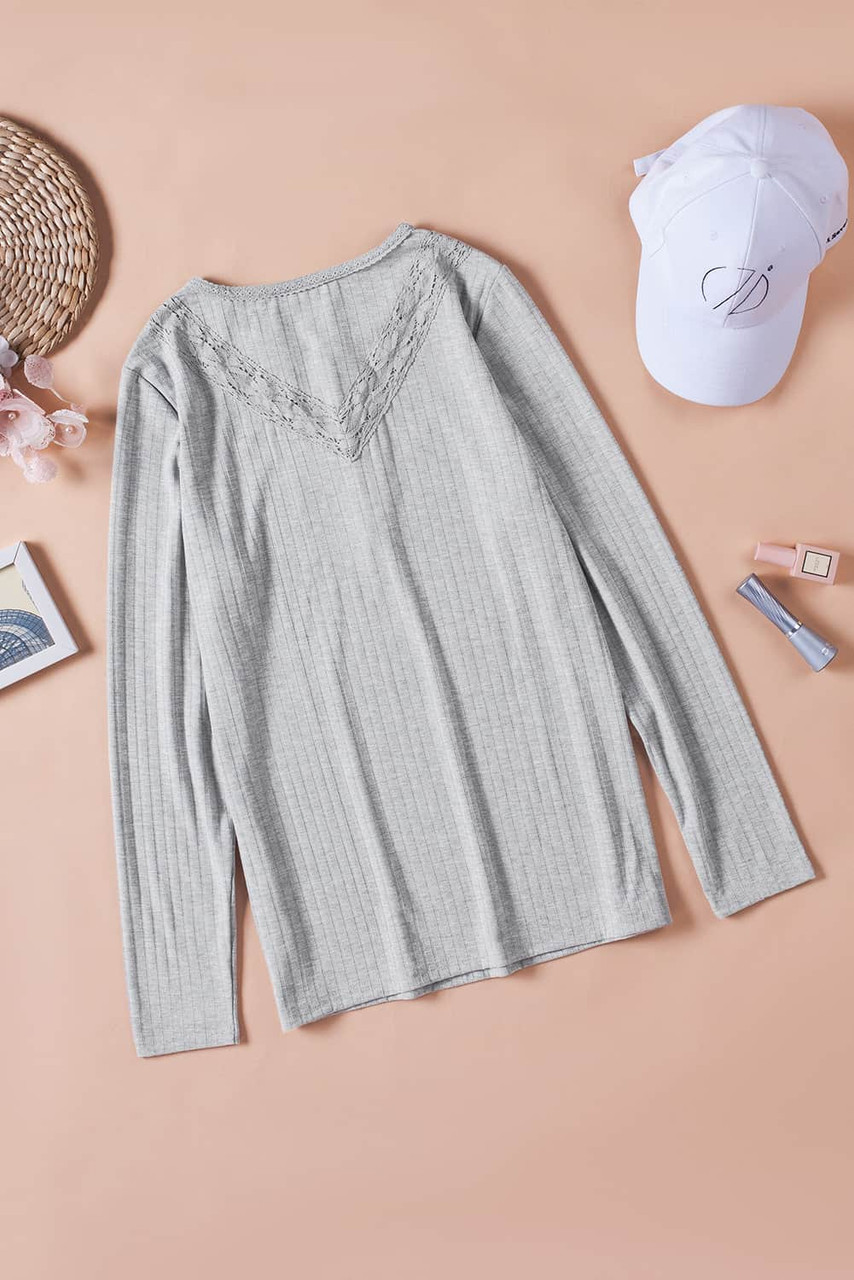 Gray Lace Patchwork Buttoned Long Sleeve Top