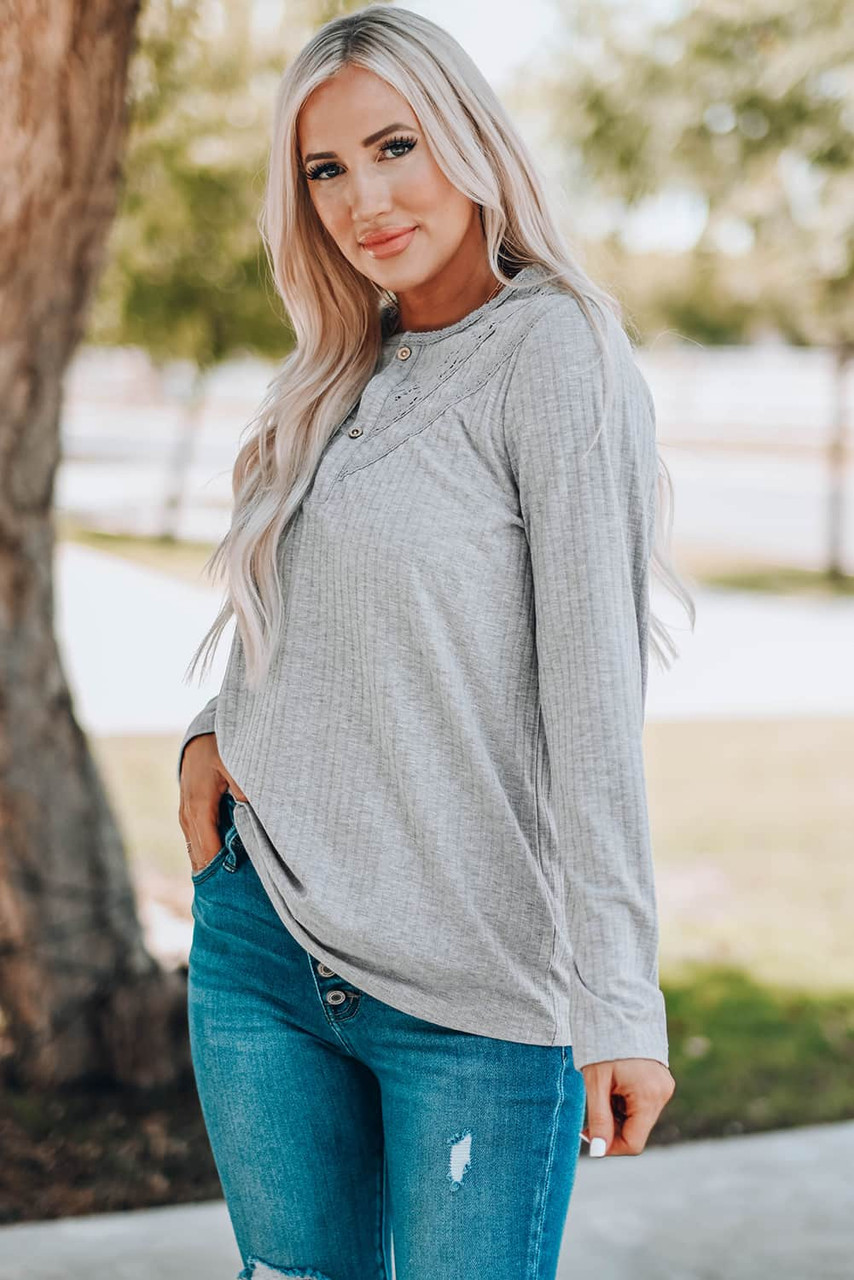 Gray Lace Patchwork Buttoned Long Sleeve Top
