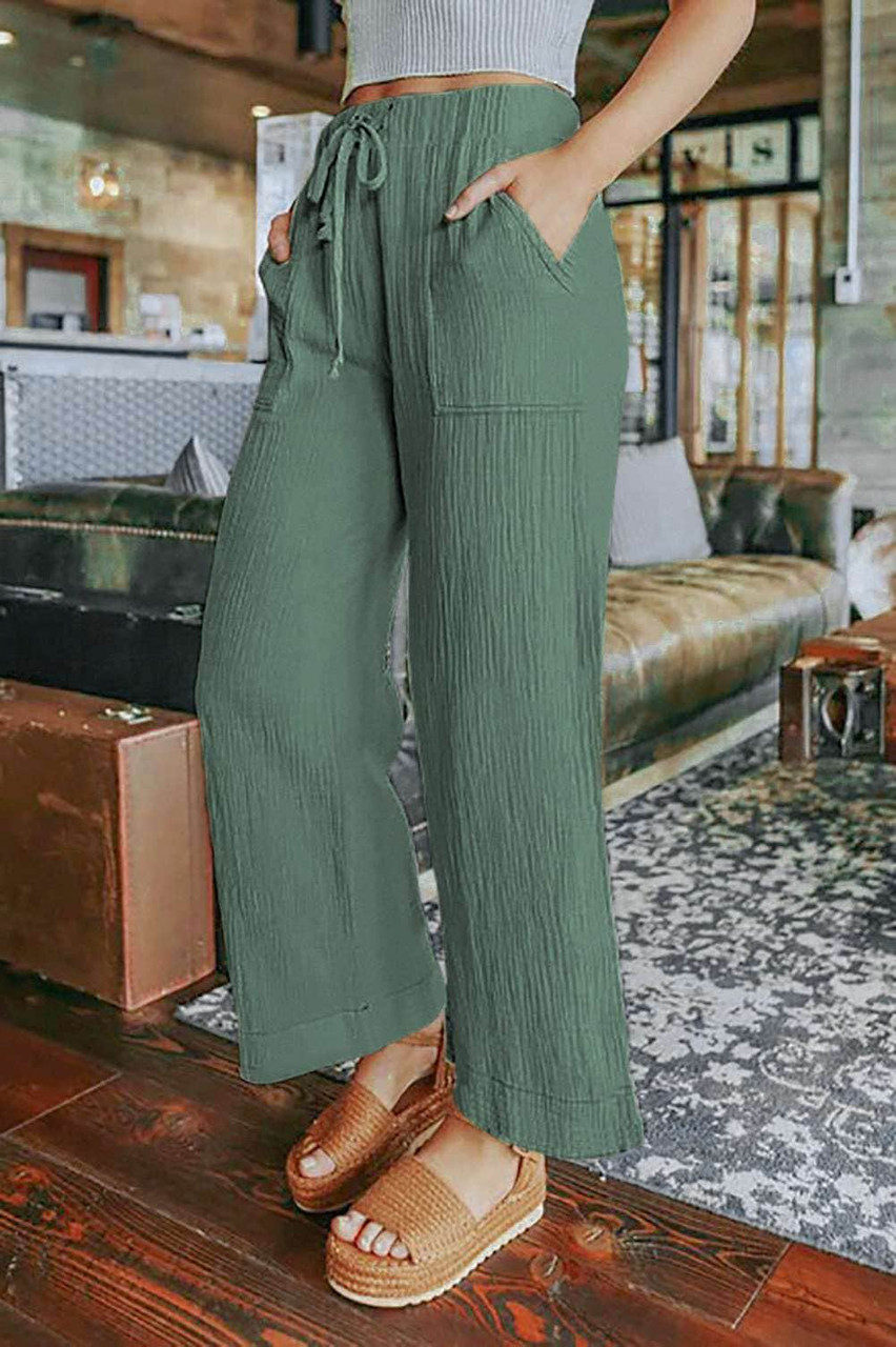 Green Drawstring Waist Crinkled Wide Leg Pants