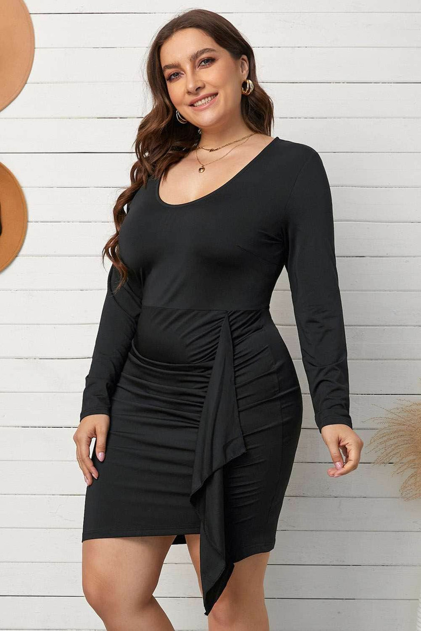 Black Bodycon V Neck Long Sleeve Plus Size Dress