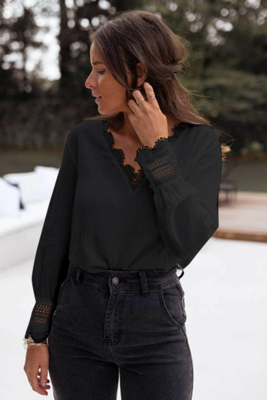 Black Lace V Neck Cuffed Blouse