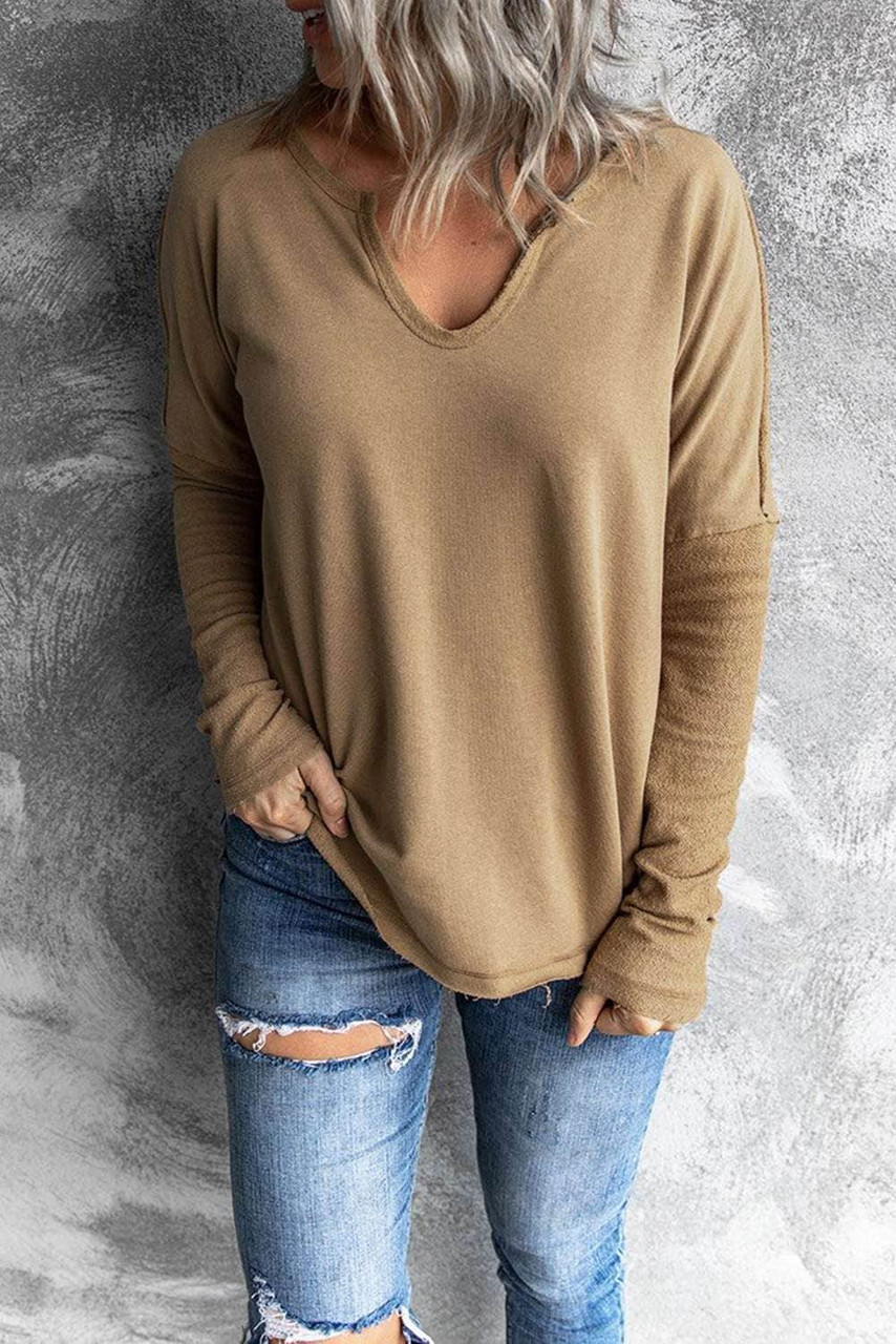 Khaki Solid Color V Cut Neck Patchwork Long Sleeve Top