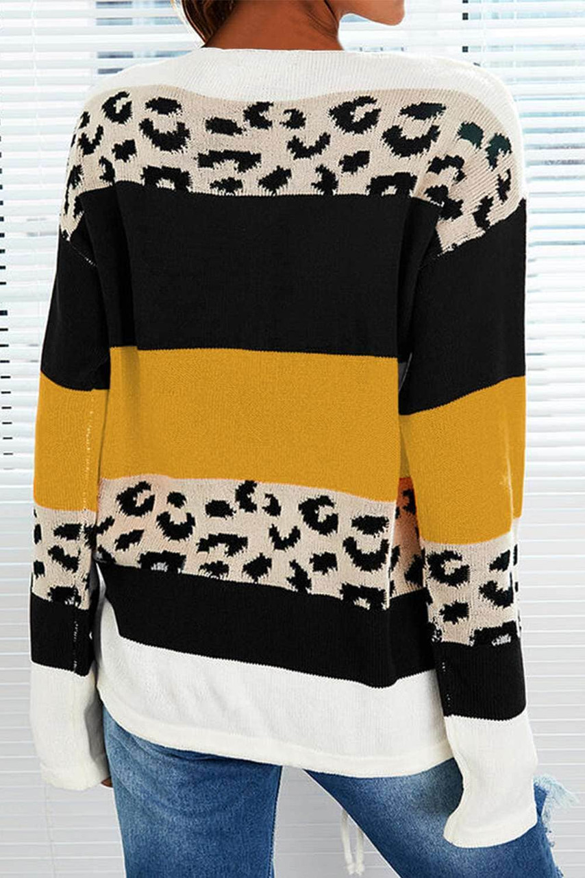 Color Block Leopard Zip V Neck Casual Sweater