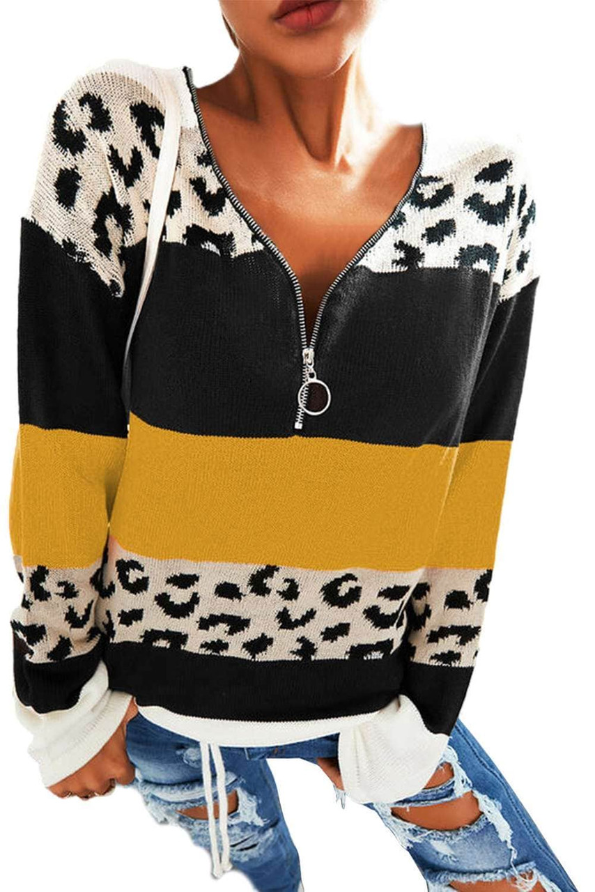 Color Block Leopard Zip V Neck Casual Sweater