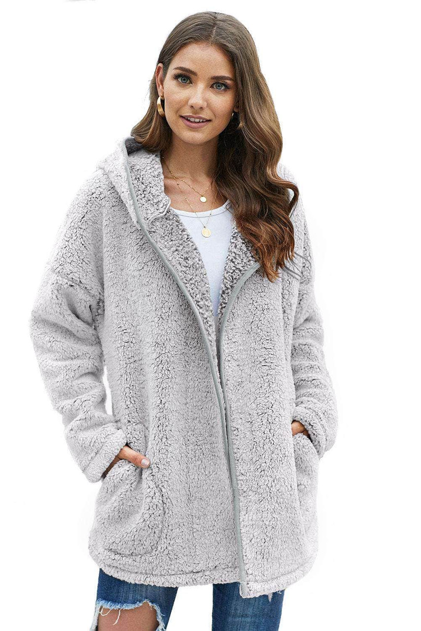 Gray Open Front Long Sleeve Hooded Sherpa Coat