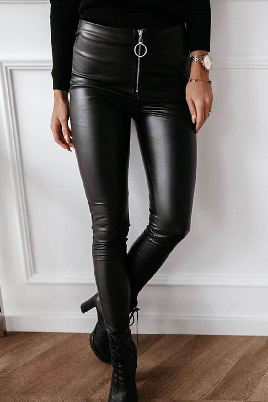 Black Solid Skinny Zipper PU Pants