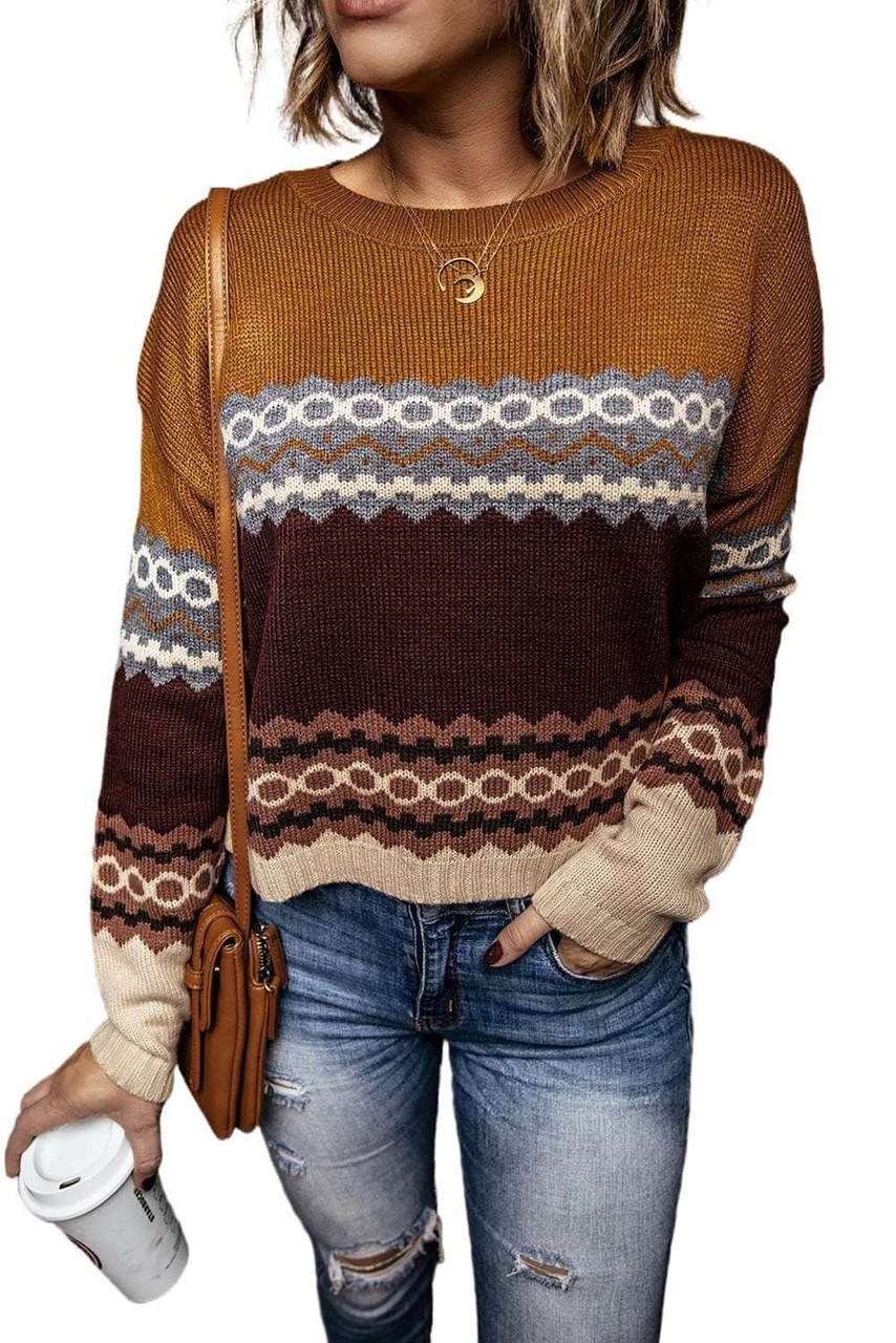 Brown Printed Crew Neck Knit Sweater