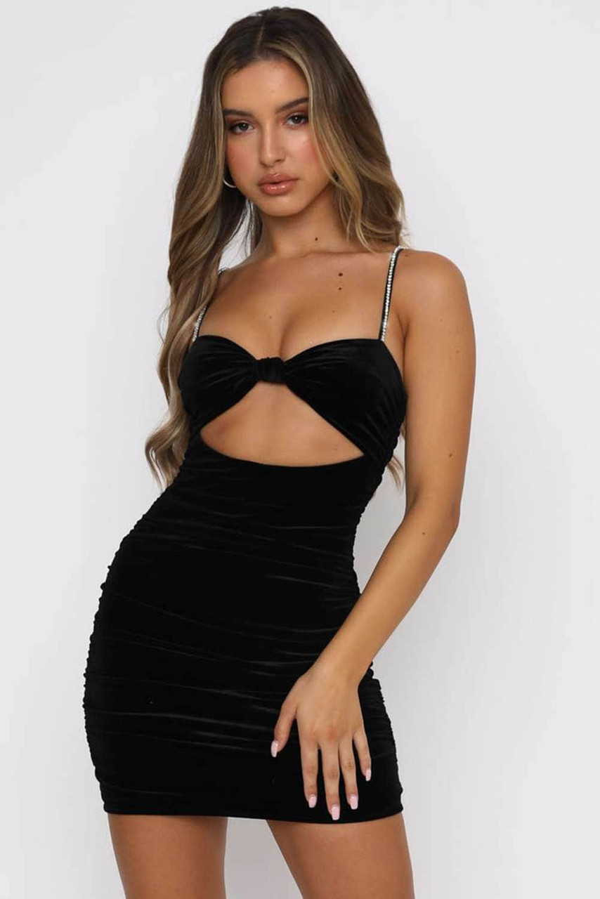 Rhinestone Spaghetti Strap Bow Knot Ruched Velvet Mini Dress