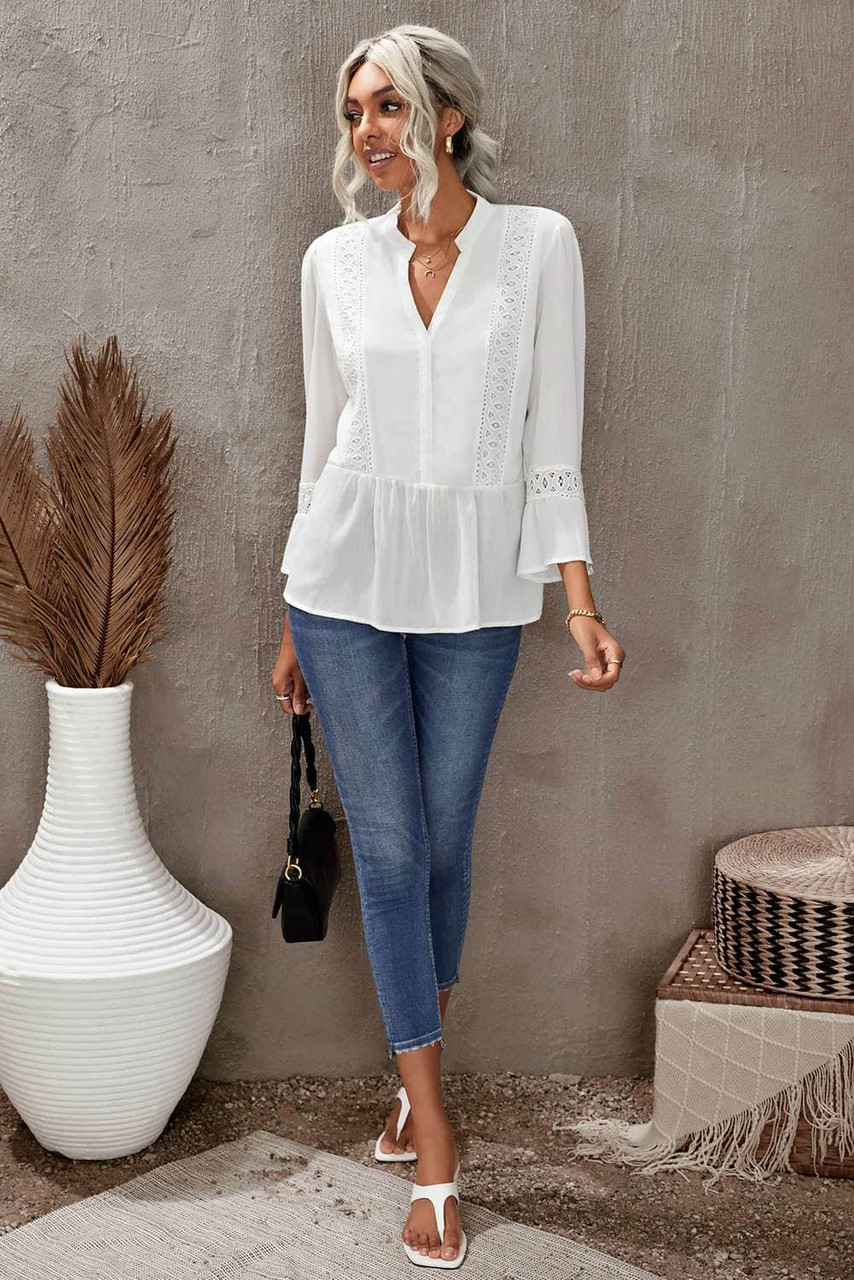 White Lace Ruffed 3/4 Sleeve V Neck Shirt