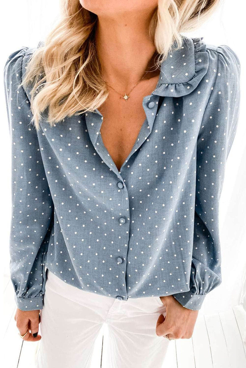 Sky Blue Polka Dot Ruffled Buttoned Long Sleeve Shirt