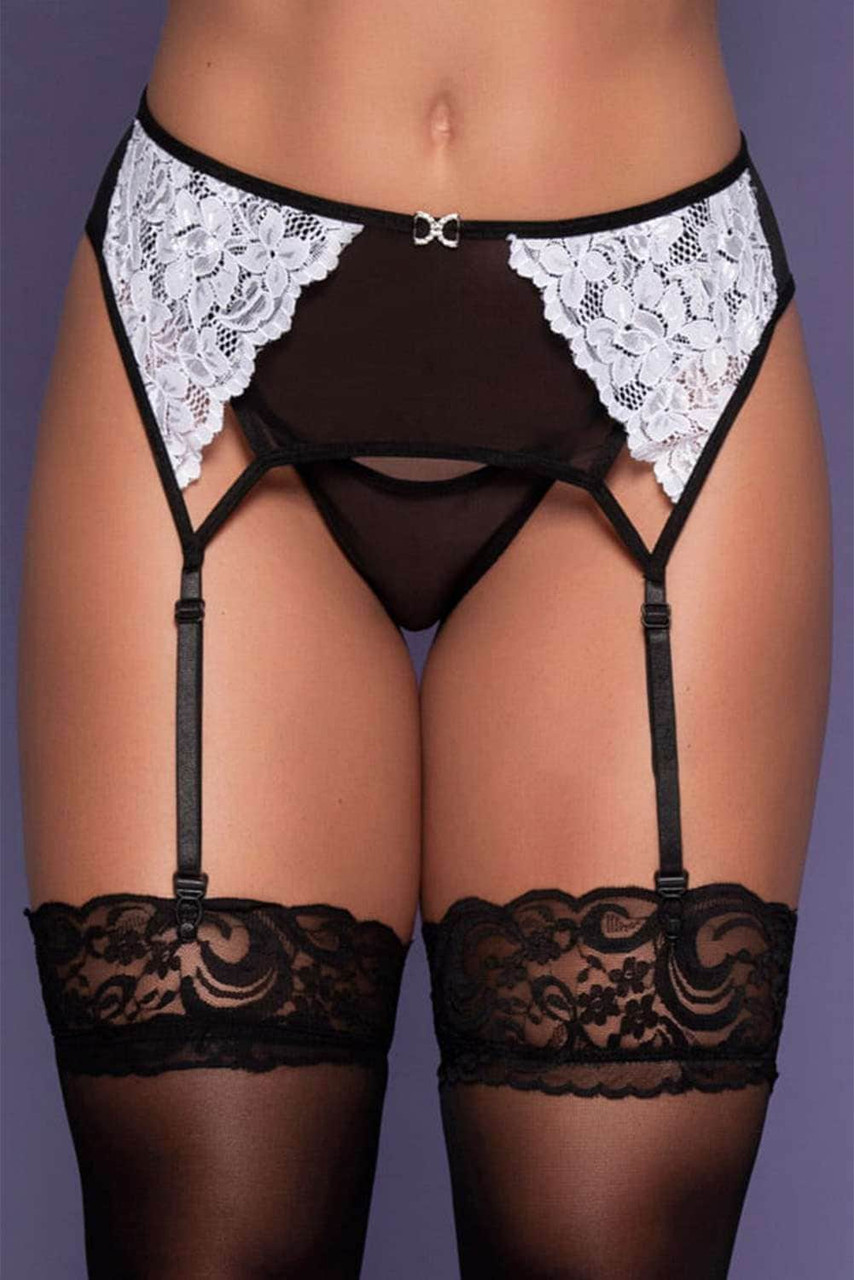 Lace Mesh Color Block Garter Belt Stocking with Thong