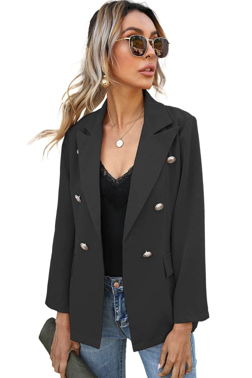 Black Double Breasted Lapel Long Sleeve Blazer